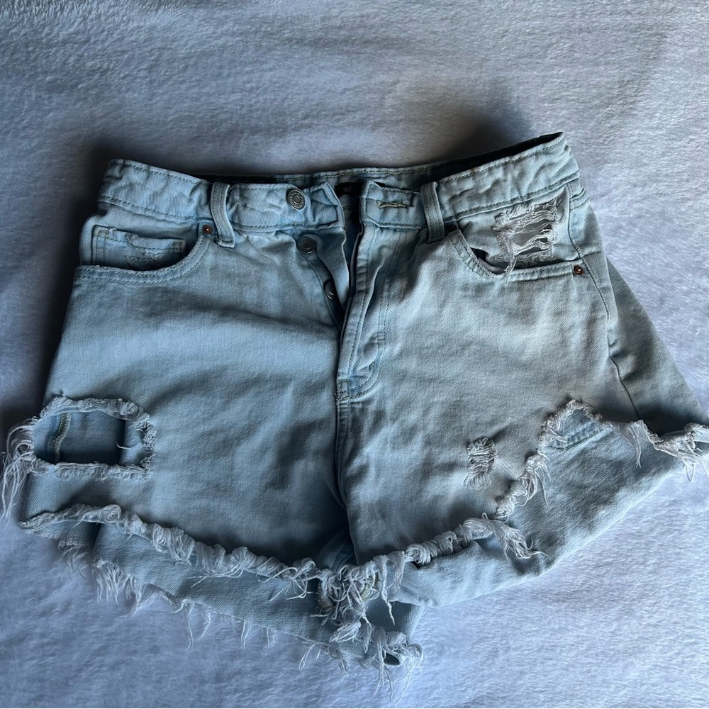 Light wash distressed denim shorts